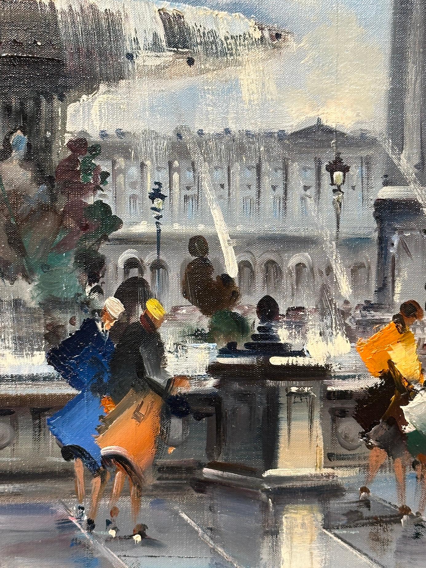 A.I.C. 20ème C. Vue de Paris, Place de la Concorde, peuple par la Fontaine des Mers - Beige Figurative Painting par M. Leveque