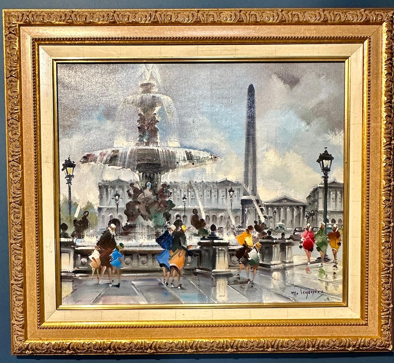 Figurative Painting M. Leveque - A.I.C. 20ème C. Vue de Paris, Place de la Concorde, peuple par la Fontaine des Mers