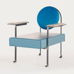 M Lounge Chair, Mixed Blue Leather Upholstery and Iron Frame by Mario Milana