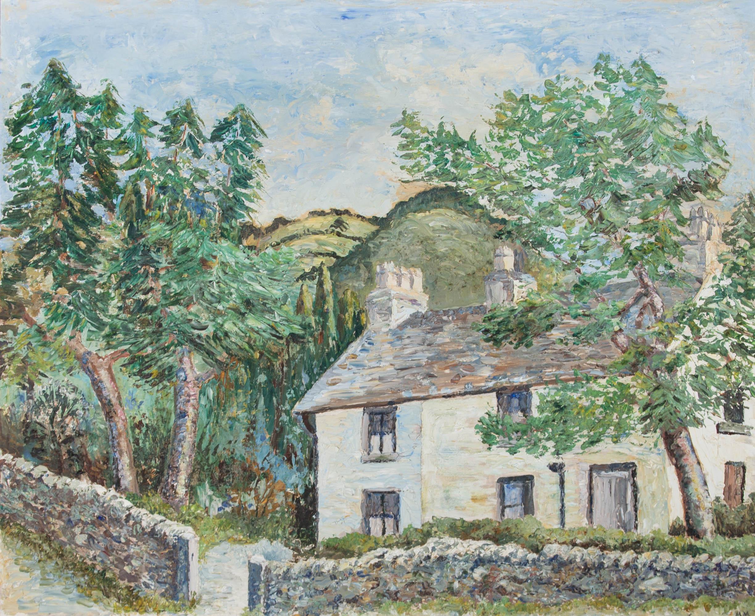 M. M - Mid 20th Century Oil, Cottage In The Hills For Sale 1