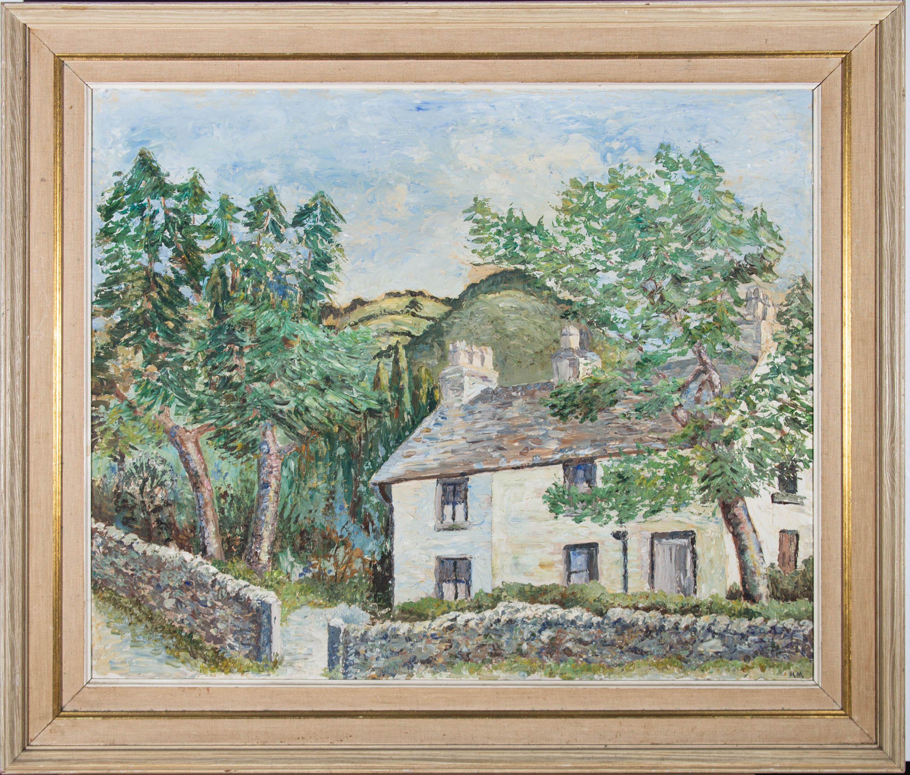 A charmingly rustic oil scene in an impasto impressionistic style, showing a stone cottage nestled among trees at the foot of a hillside. The artist has initialed to the lower right corner and the painting has been presented in an off-white frame