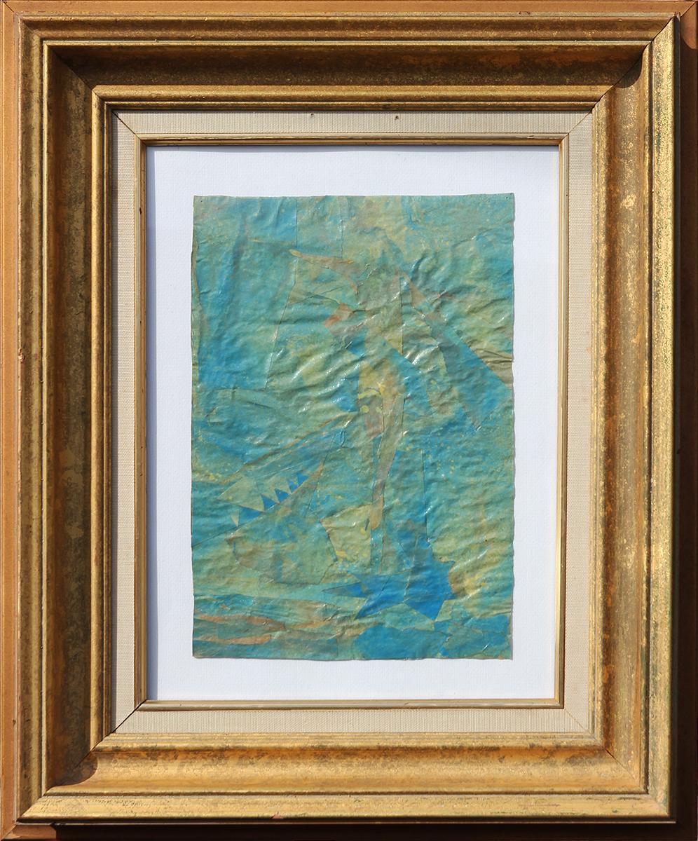 Green and blue toned abstract geometric collage by artist M. MacDonald. Signed, titled, and dated by artist at the back. Framed in a gold frame and matted in linen. 