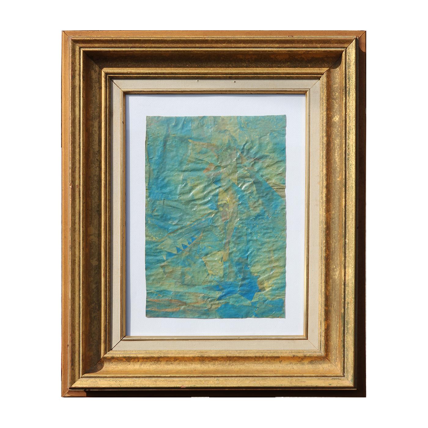 “Golgotha” Green and Blue Toned Abstract Geometric Collage - Mixed Media Art by M. MacDonald