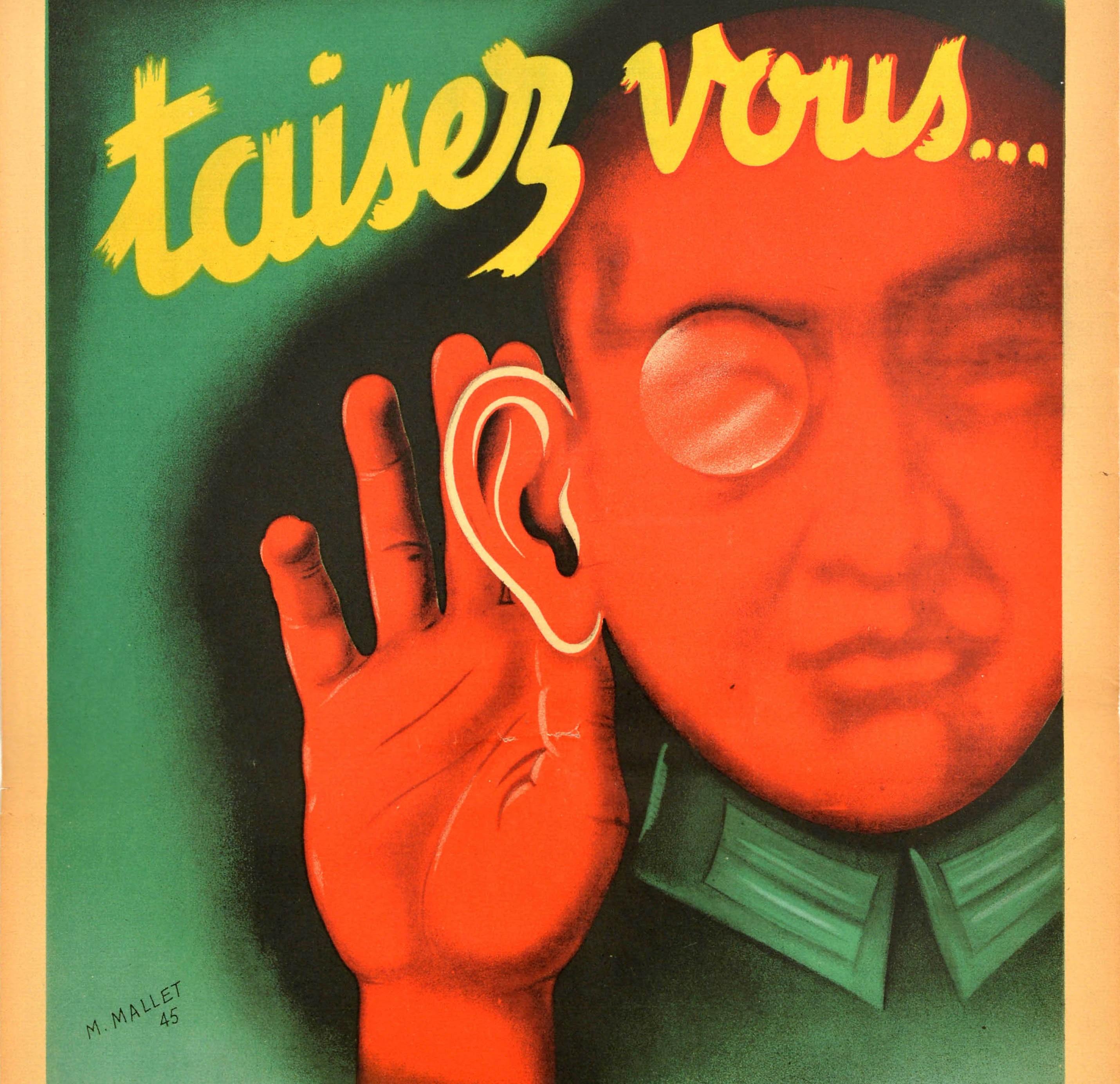 Original Vintage Poster Taisez Vous Be Quiet Spies Remain Post WWII Occupation - Brown Print by M. Mallet