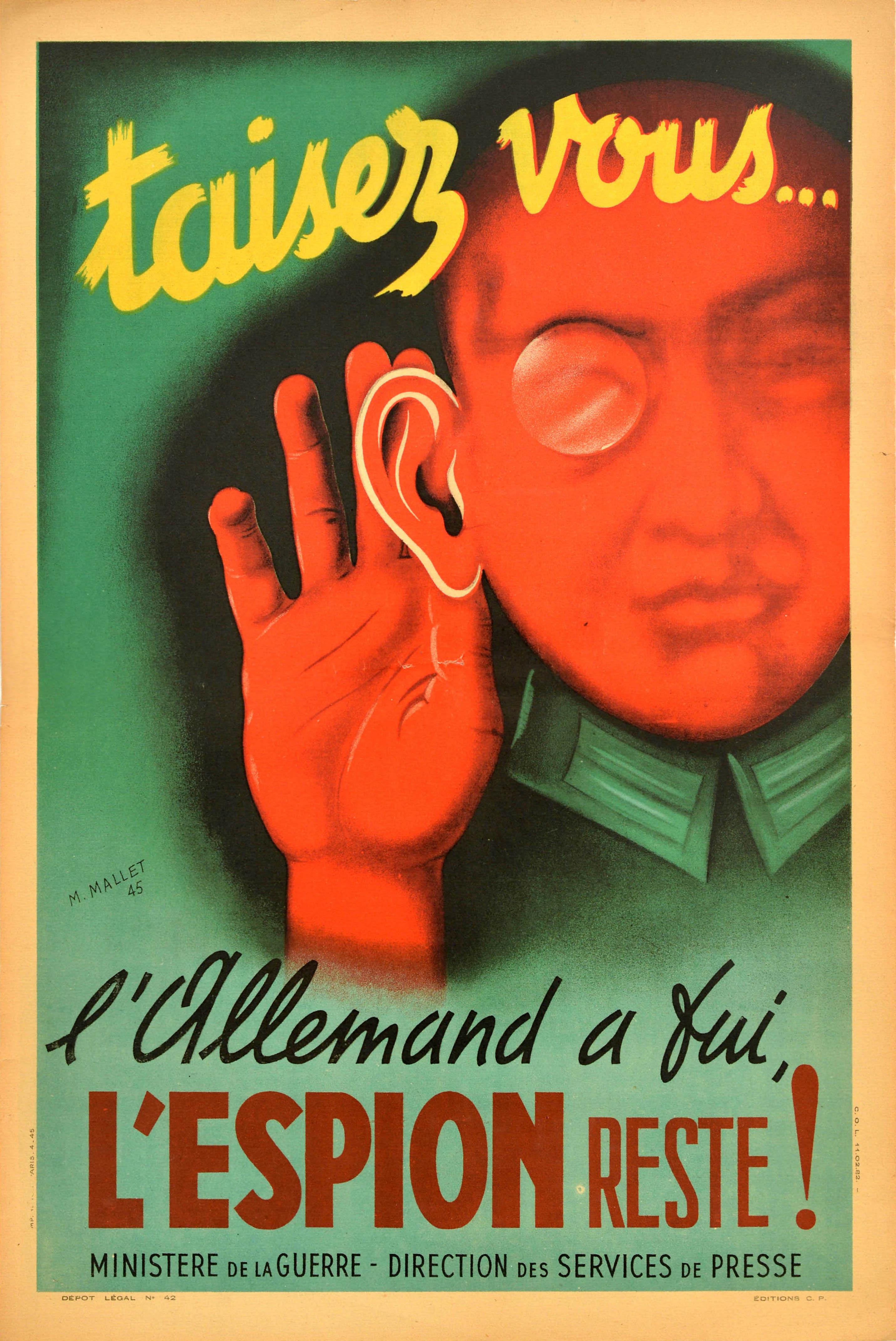 M. Mallet Print - Original Vintage Poster Taisez Vous Be Quiet Spies Remain Post WWII Occupation