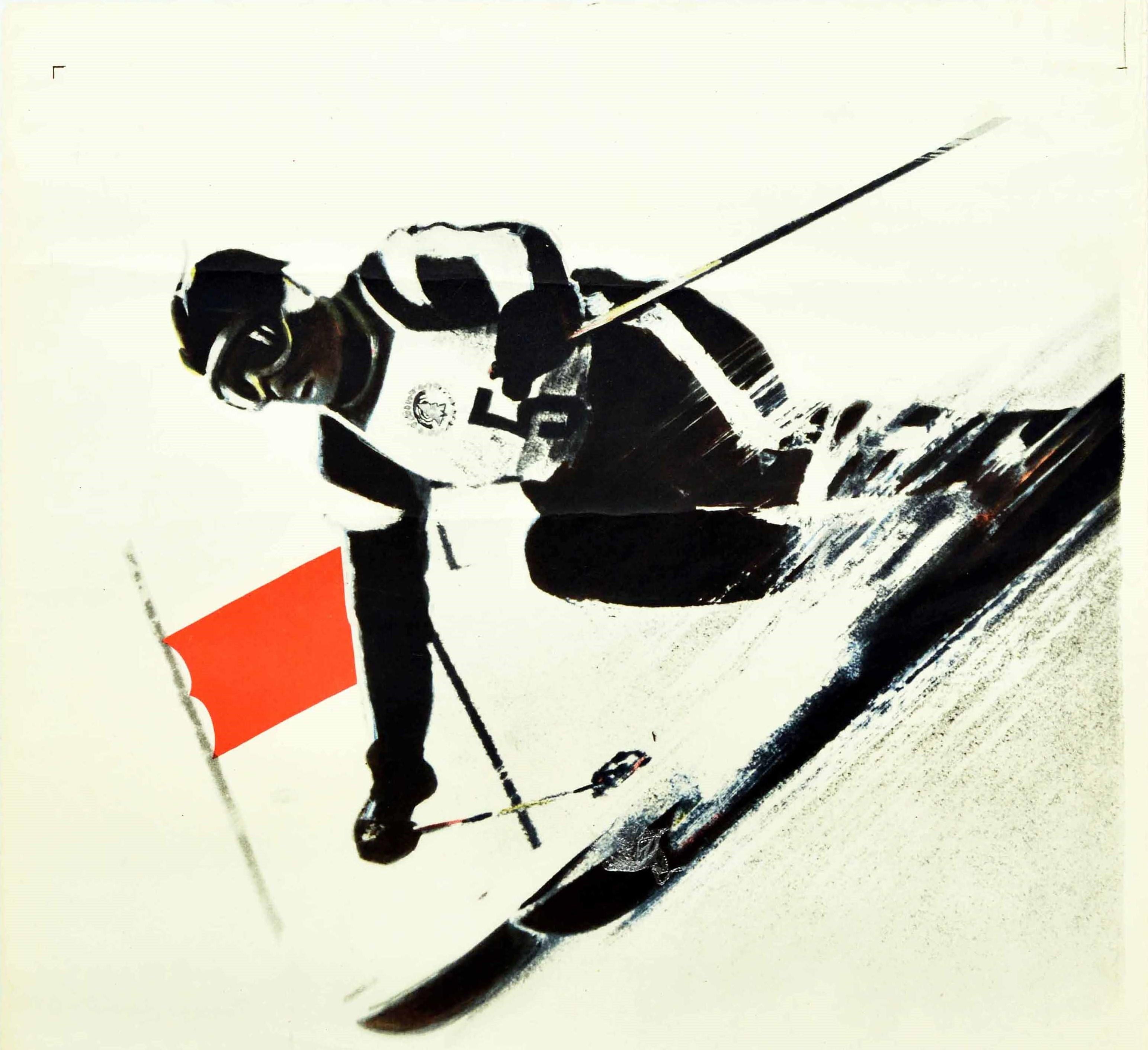 Original Vintage Soviet Winter Sport Poster Downhill Skiing USSR Skier Design - Print by M Manuilov