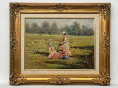 Damas en un prado de verano Siglo XX Óleo sobre lienzo con marco ornamentado