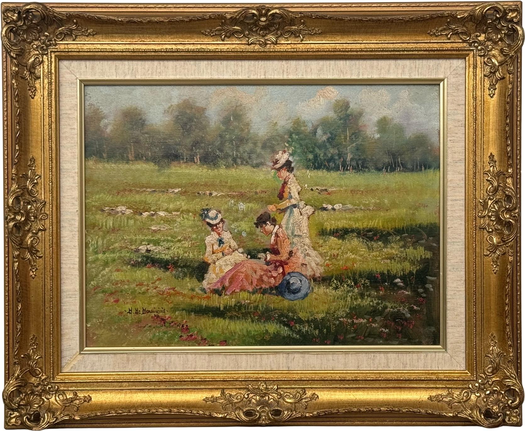 Ladies at Leisure in Summer Meadow 20th Century Oil on Canvas with Ornate Frame