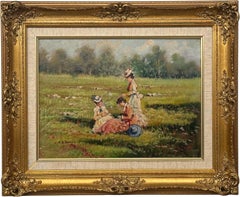 Damas en un prado de verano Siglo XX Óleo sobre lienzo con marco ornamentado
