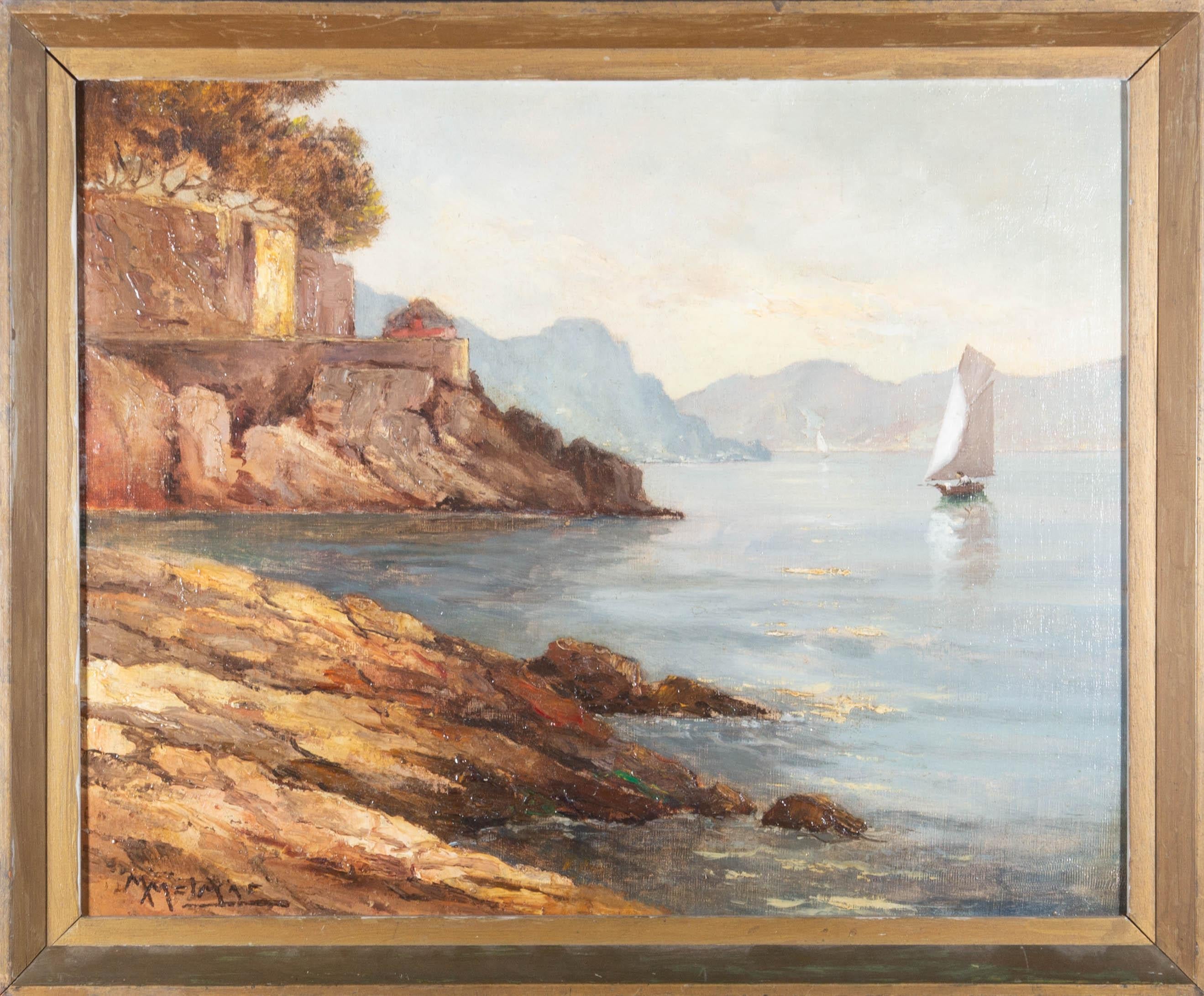 A warm and atmospheric painting with impasto depicting a view across an Italian lake. A sailing boat travels across the still water to the right of the composition. Presented in a distressed gold-painted wooden frame. Signed to the lower-left edge.