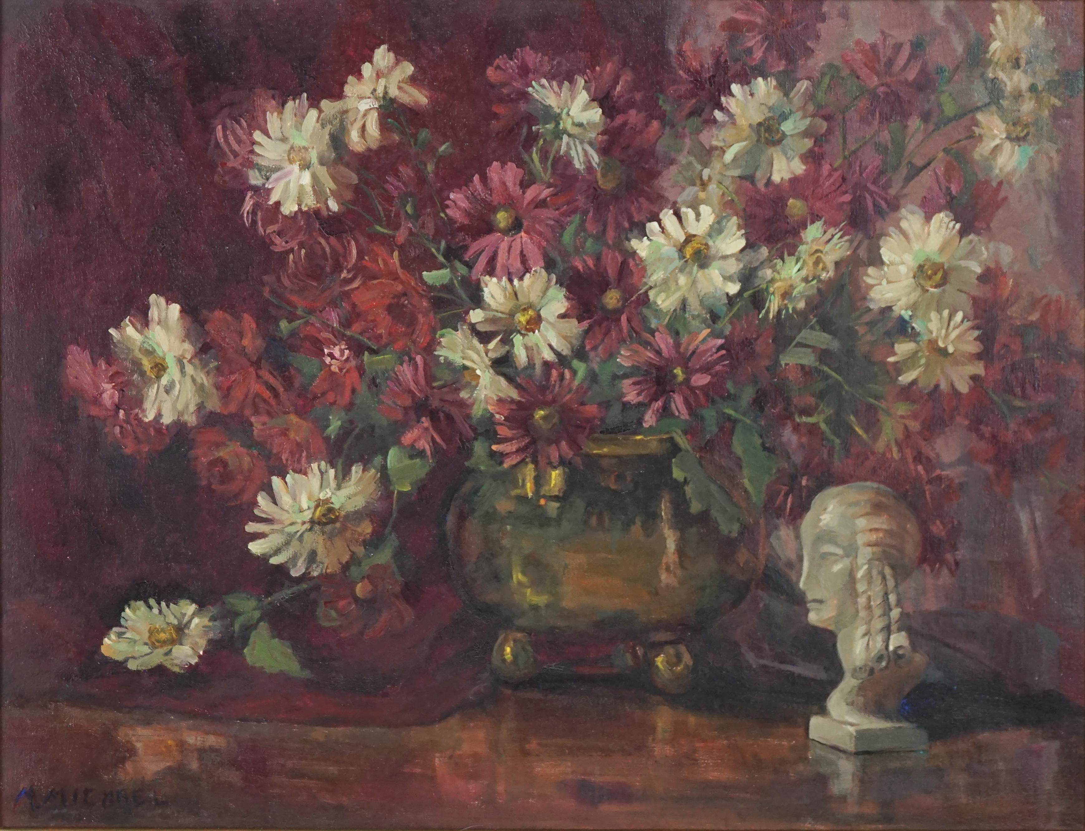 Mid Century Still Life with Burgundy and White African Daisies & Statue - Painting by M Michael