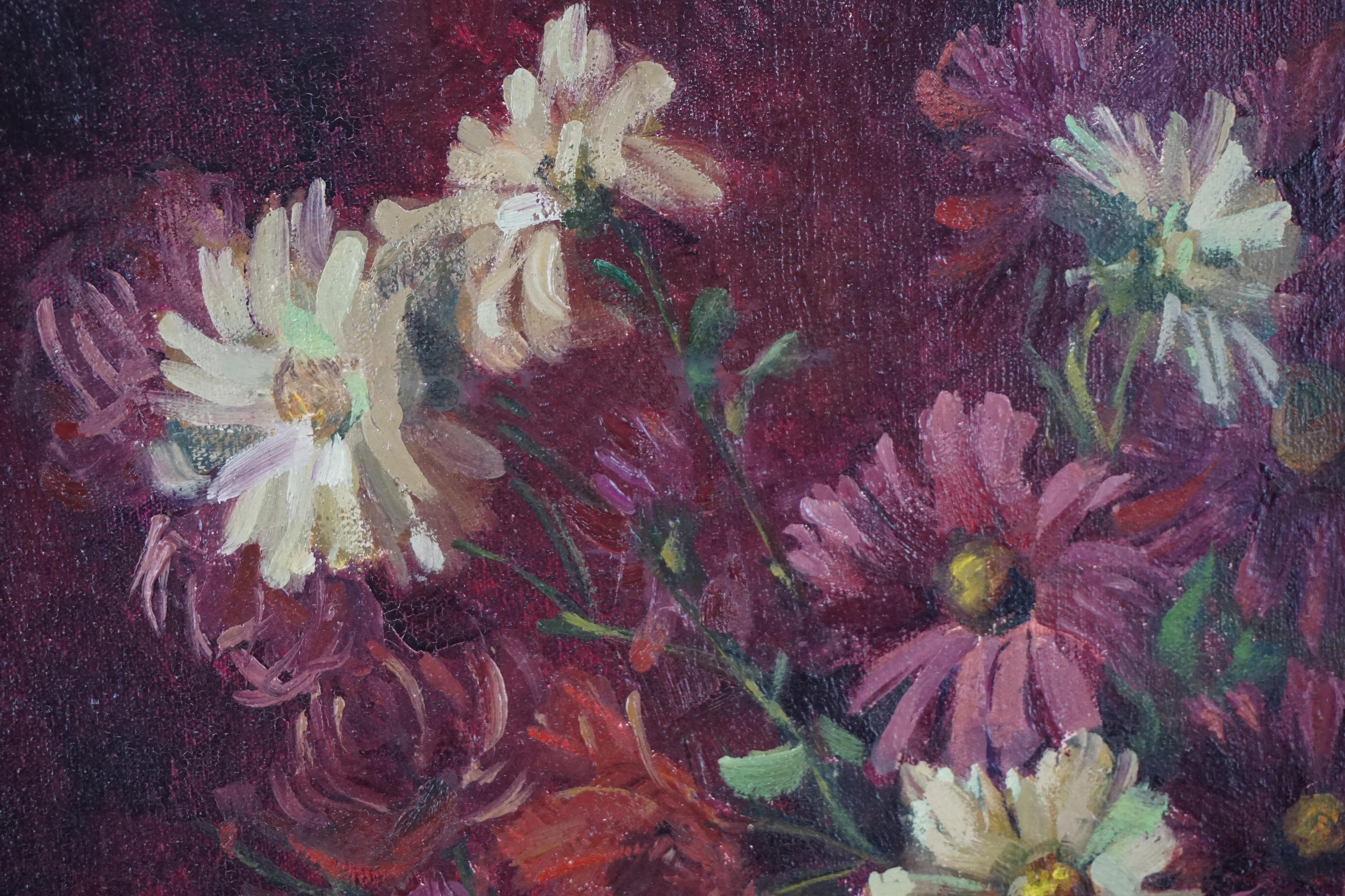 Mid Century Still Life with Burgundy and White African Daisies & Statue - American Impressionist Painting by M Michael