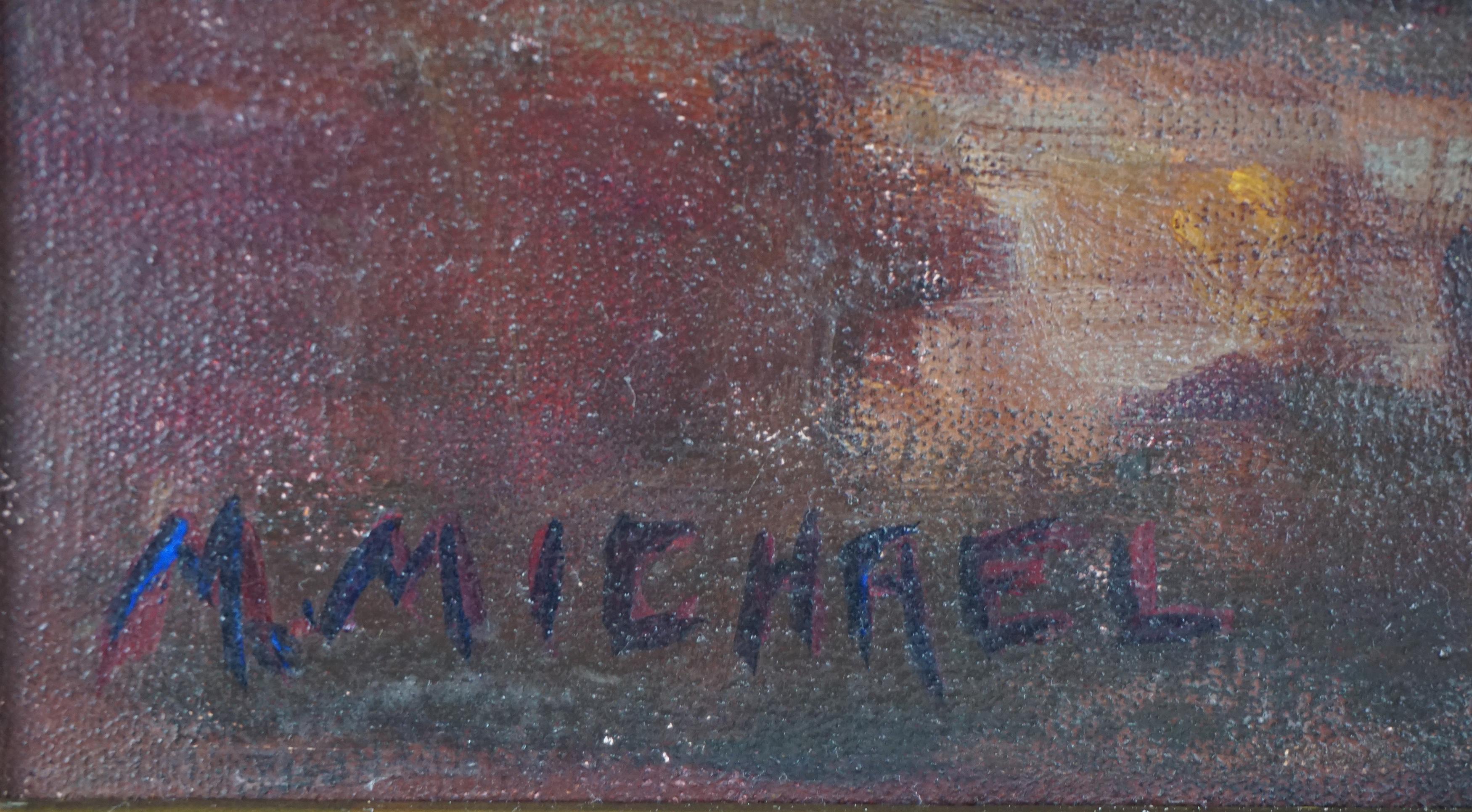 Wunderschönes impressionistisches Vintage-Stillleben mit burgunderroten und weißen afrikanischen Gänseblümchen (Osteospermum) in einem Cache-Topf aus Messing mit Statue von Marie Michael (Amerikanerin, 1895-1938). Signiert 