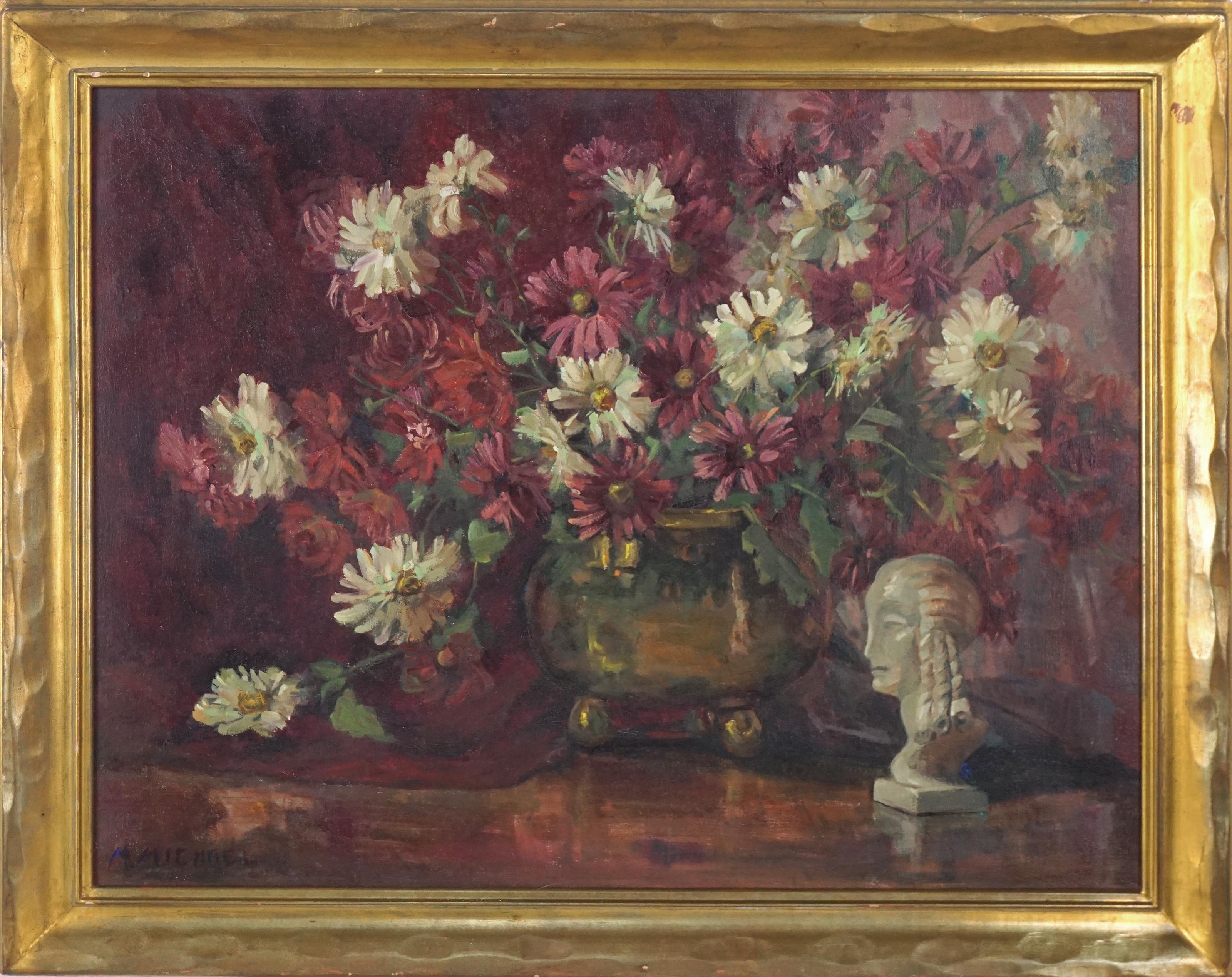 M Michael Still-Life Painting - Mid Century Still Life with Burgundy and White African Daisies & Statue