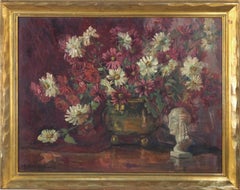 Mid Century Still Life with Burgundy and White African Daisies & Statue