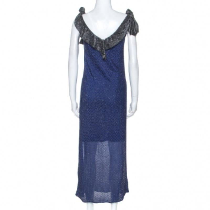 Bleu M-One Blue Metallic Knit Tie Shoulder Detail Maxi Dress S en vente