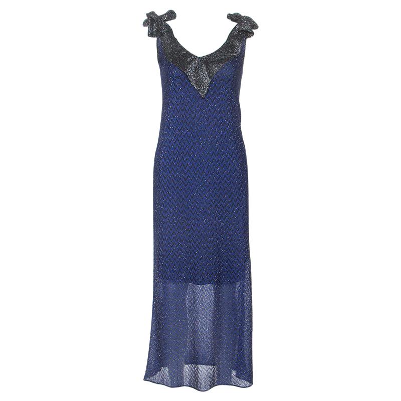 M Missioni Blue Metallic Knit Tie Shoulder Detail Maxi Dress S For Sale