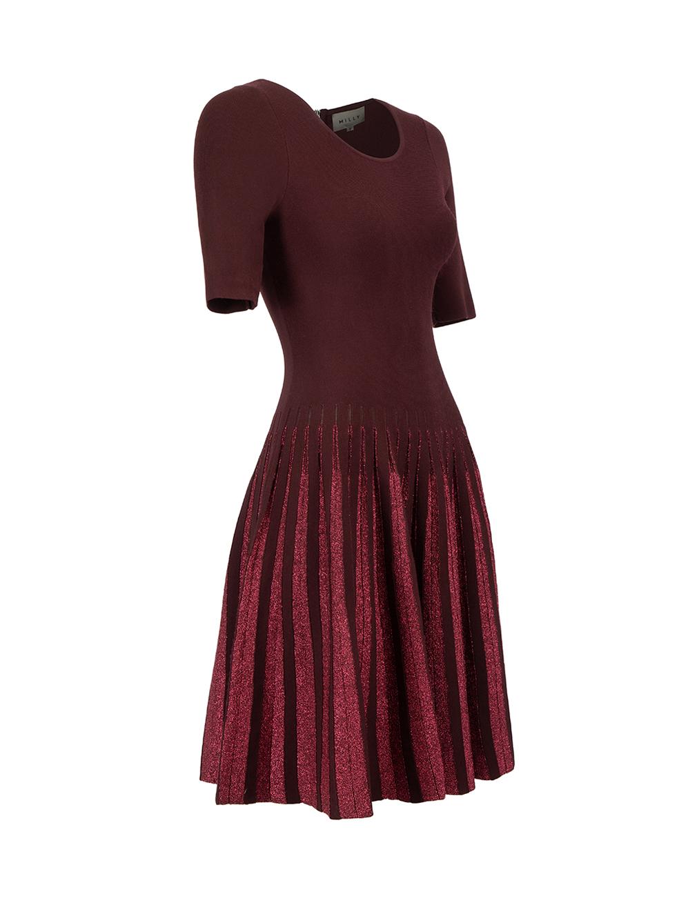 CONDITION is Very good. Minimal wear to dress is evident. Minor pilling over all material on this used Milly designer resale item. 



Details


Burgundy

Synthetic

Mini dress

Round neckline

Pleated skirt with metallic threading

Back zip closure