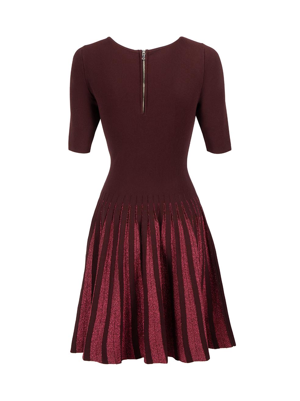 Burgundy Short Sleeve Metallic Pleated Mini Dress Size XS In Good Condition In London, GB