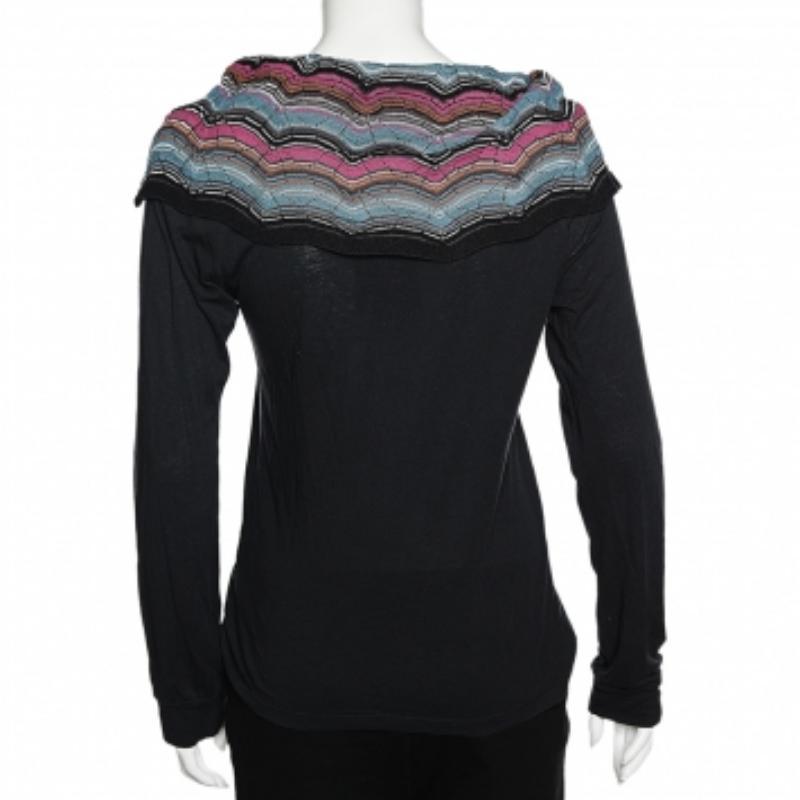 M Missoni Schwarzes T-Shirt aus Baumwollstrick mit Kontrast-Overlay-Details S im Angebot 1