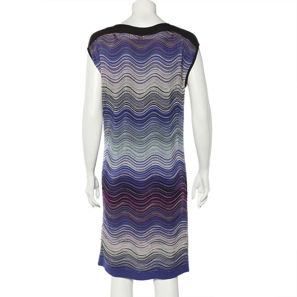 M Missoni Blue Wave Pattern Lurex Knit Shift Dress L In Good Condition For Sale In Dubai, Al Qouz 2