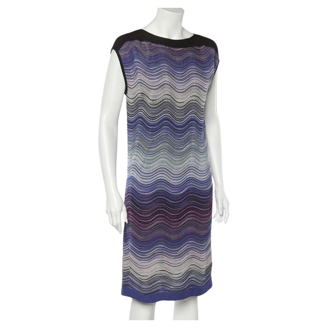 M Missoni Blue Wave Pattern Lurex Knit Shift Dress L For Sale