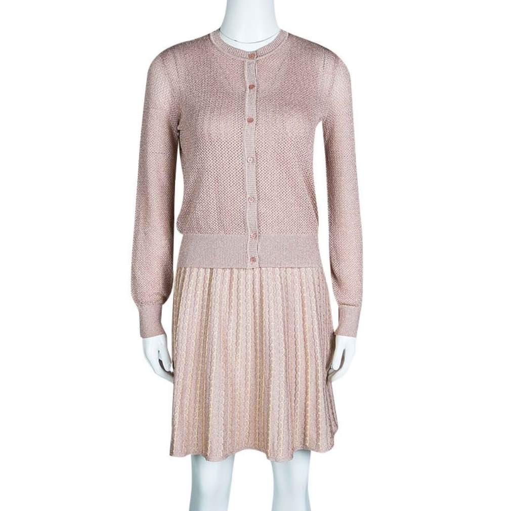 M Missoni Blush Pink Lurex Knit Patterned Dress and Perforated Cardigan Set M In Excellent Condition In Dubai, Al Qouz 2