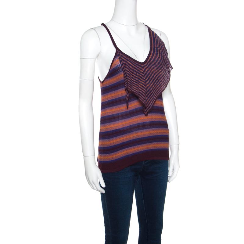 Black M Missoni Brown and Blue Striped Knit Tie Detail Racer Back Top M