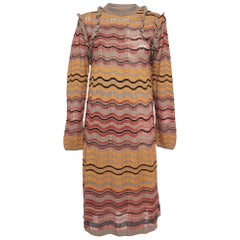 M Missoni Brown Chevron Knit Ruffled Long Sleeve Midi Dress L