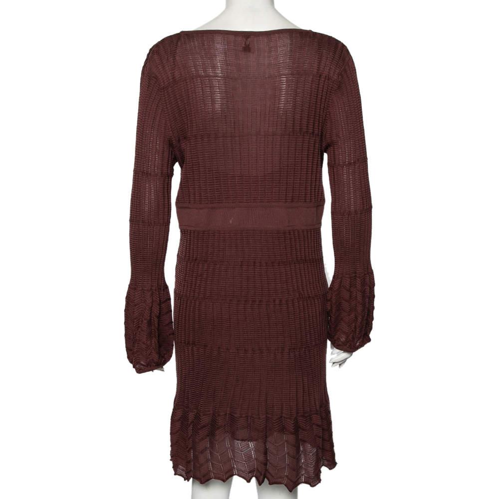 Black M Missoni Burgundy Patterned Knit Long Sleeve V-Neck Dress L