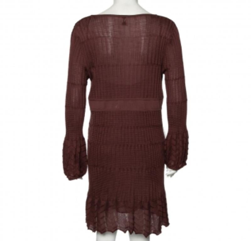 Noir M Missoni Burgundy Burgundy Patterned Knit Long Sleeve V-Neck Dress L en vente