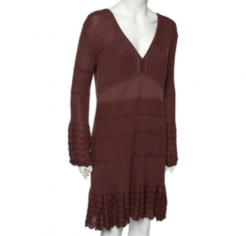 M Missoni Burgundy Burgundy Patterned Knit Long Sleeve V-Neck Dress L Bon état - En vente à Dubai, Al Qouz 2