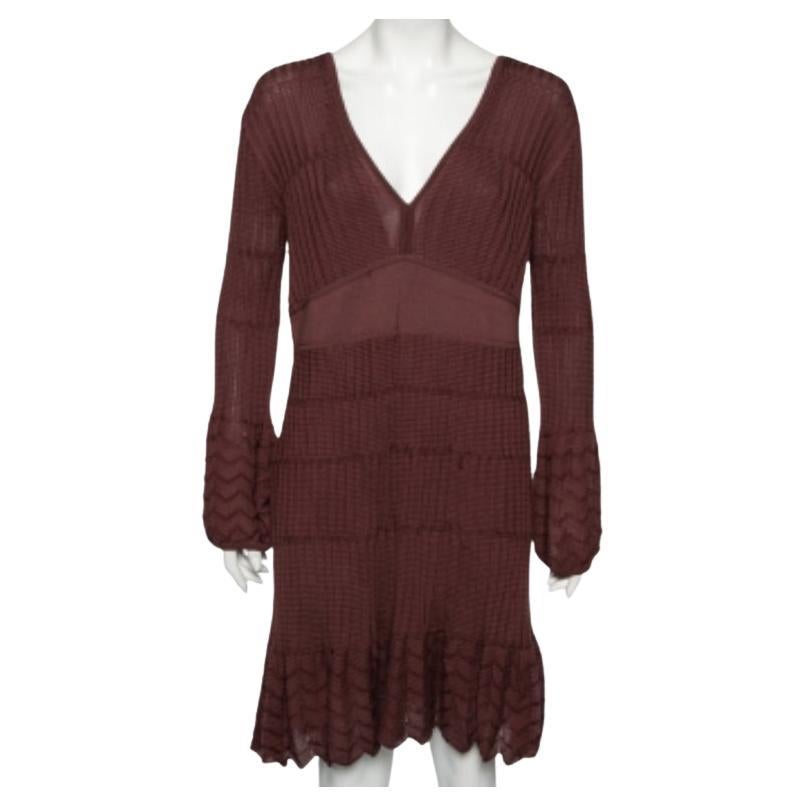 M Missoni Burgundy Burgundy Patterned Knit Long Sleeve V-Neck Dress L en vente