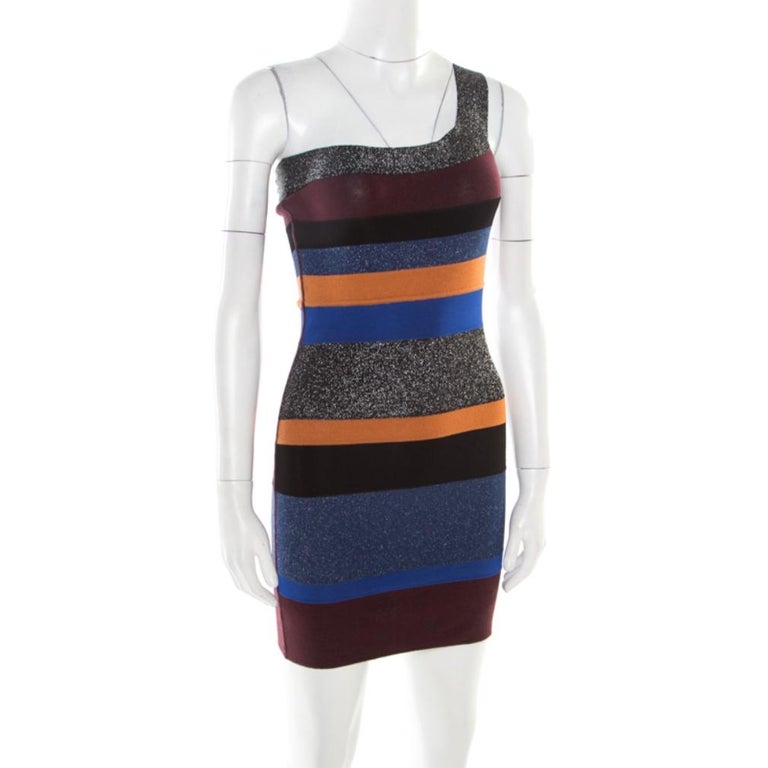 M Missoni Colorblock Striped Lurex Knit One Shoulder Bodycon Dress S