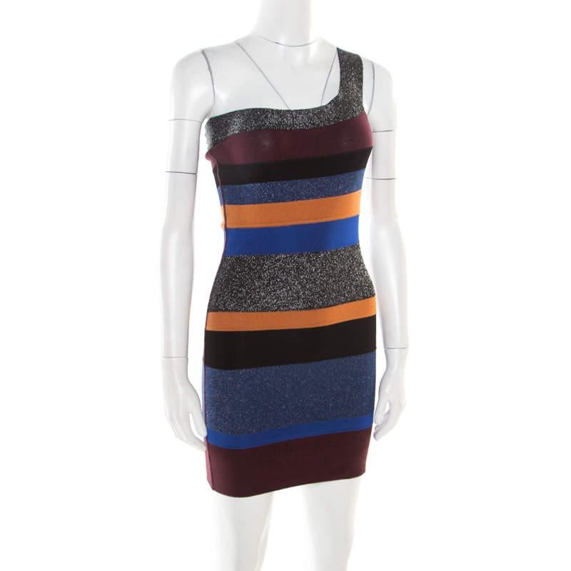 M Missoni Colorblock Striped Lurex Knit One Shoulder Bodycon Dress S In Good Condition For Sale In Dubai, Al Qouz 2