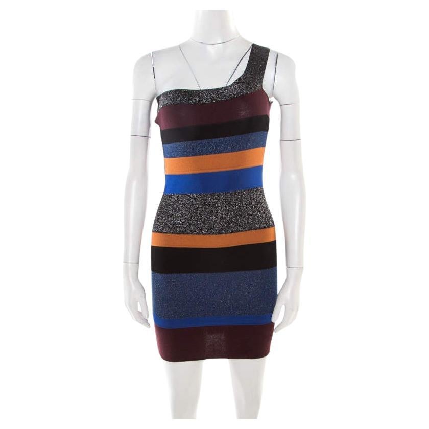 M Missoni Colorblock Striped Lurex Knit One Shoulder Bodycon Dress S For Sale