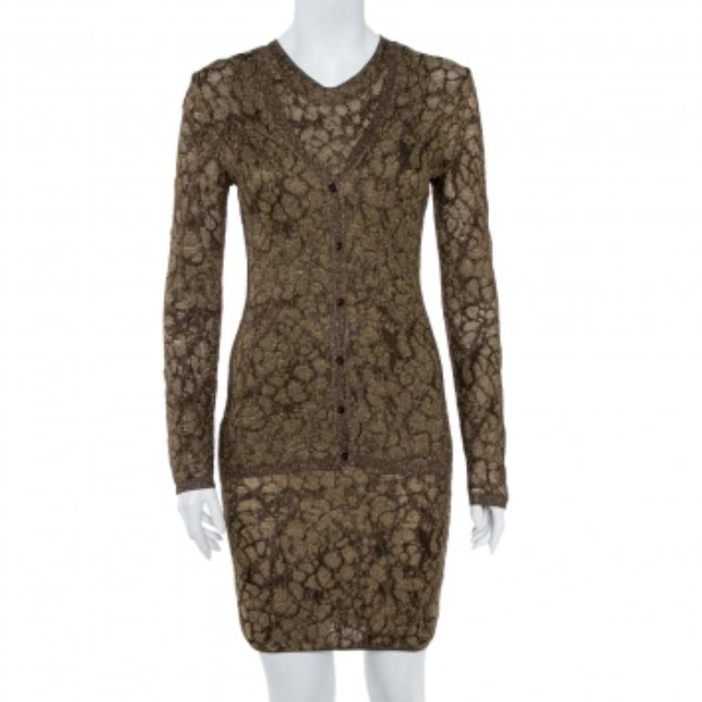 Brown M Missoni Gold Lurex Knit Cardigan & Midi Dress Set S For Sale