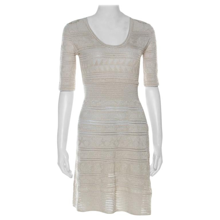M Missoni Gold Zig Zag Pattern Perforated Lurex Knit Cap Sleeve Dress S