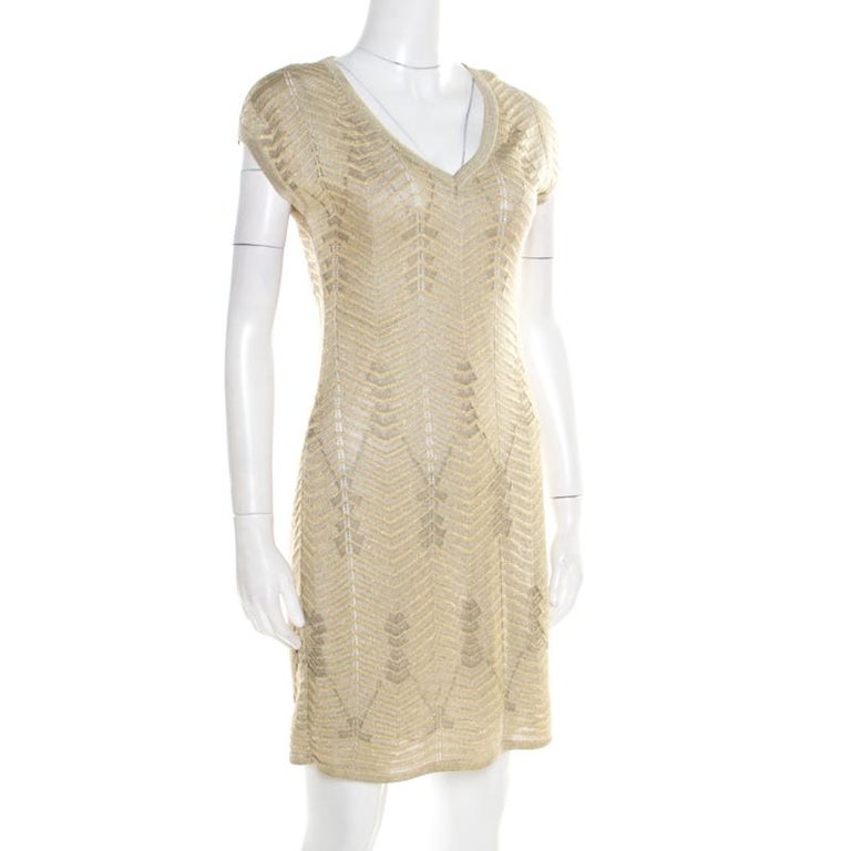 M Missoni Gold Zig Zag Pattern Perforated Lurex Knit Cap Sleeve Dress S ...