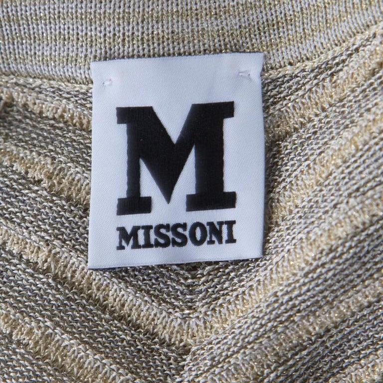 M Missoni Gold Zig Zag Pattern Perforated Lurex Knit Cap Sleeve Dress S ...