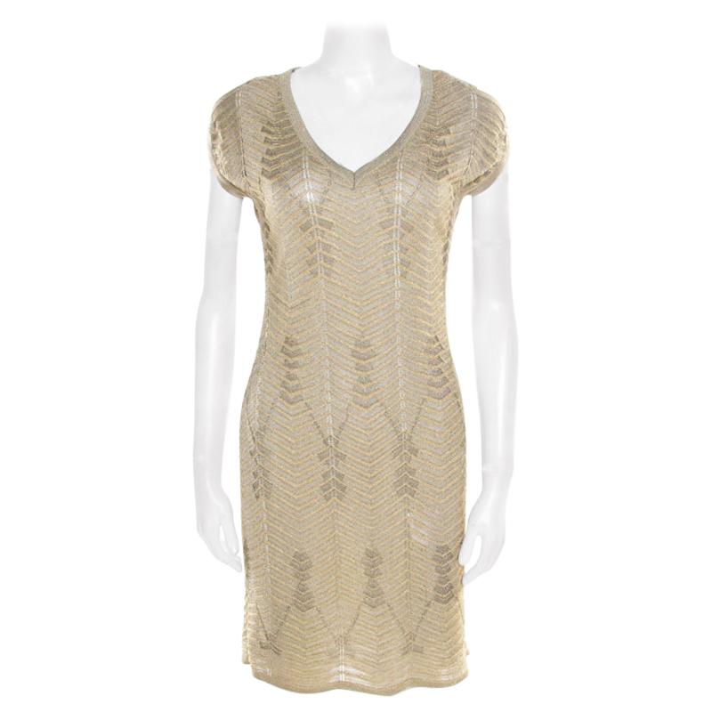 M Missoni Gold Zig Zag Pattern Perforated Lurex Knit Cap Sleeve Dress S