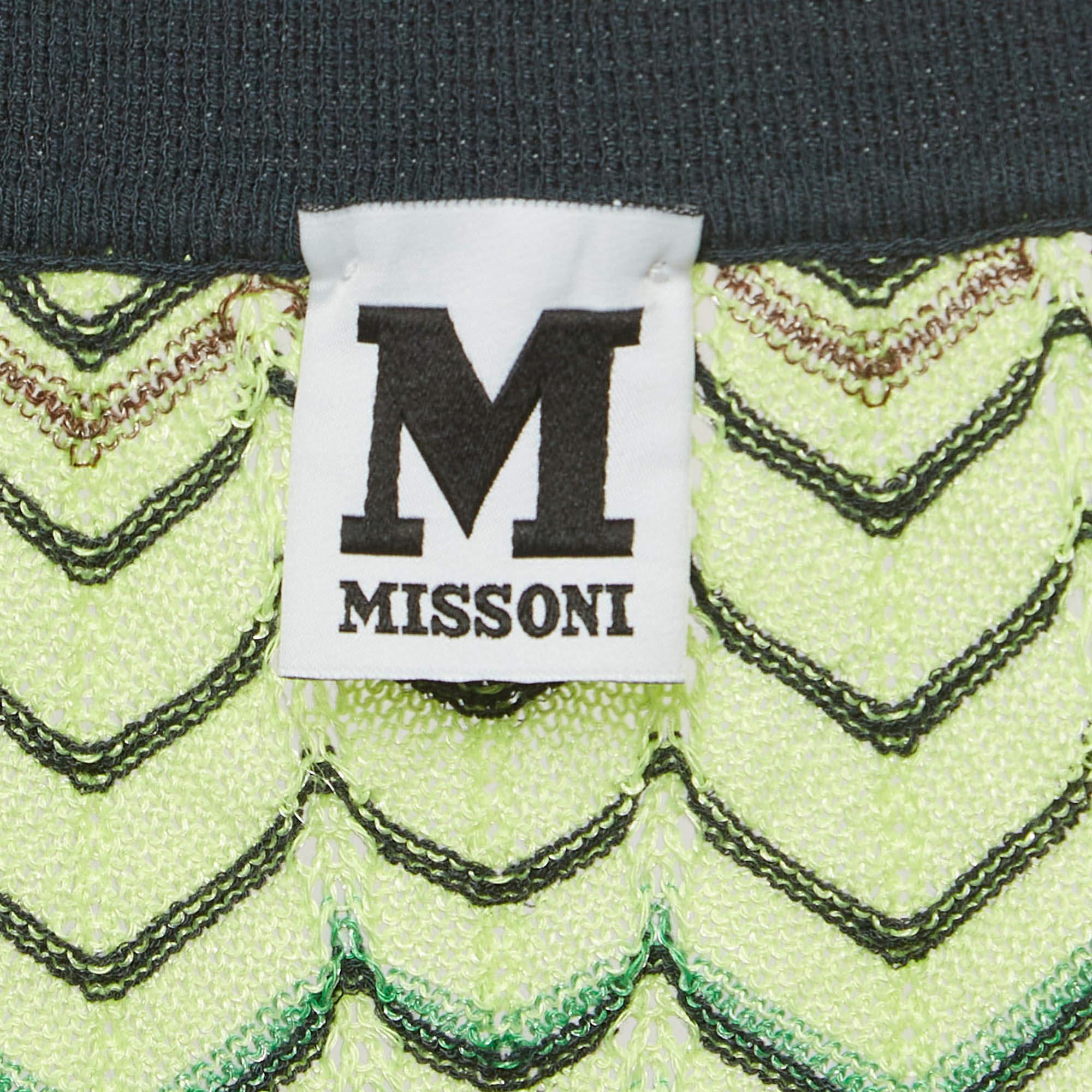 Black M Missoni Green Chevron Pattern Knit V-Neck Top L