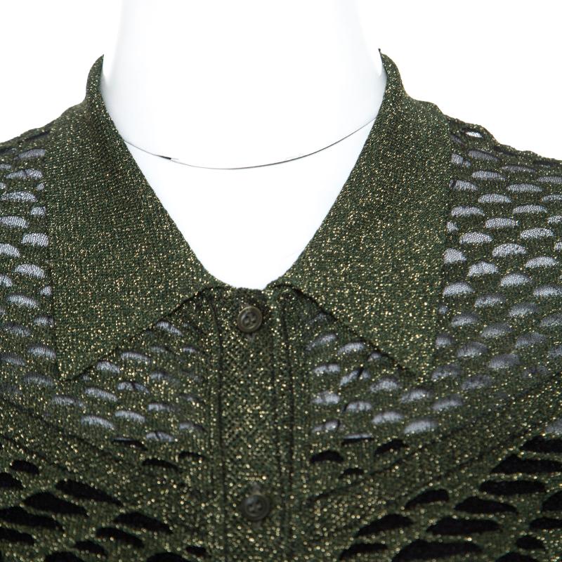 Women's M Missoni Green Crochet Knit Metallic Weave Collared Cardigan S