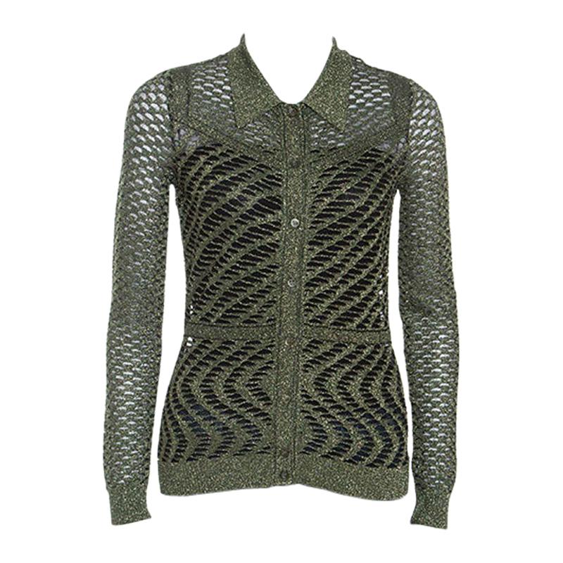 M Missoni Green Crochet Knit Metallic Weave Collared Cardigan S