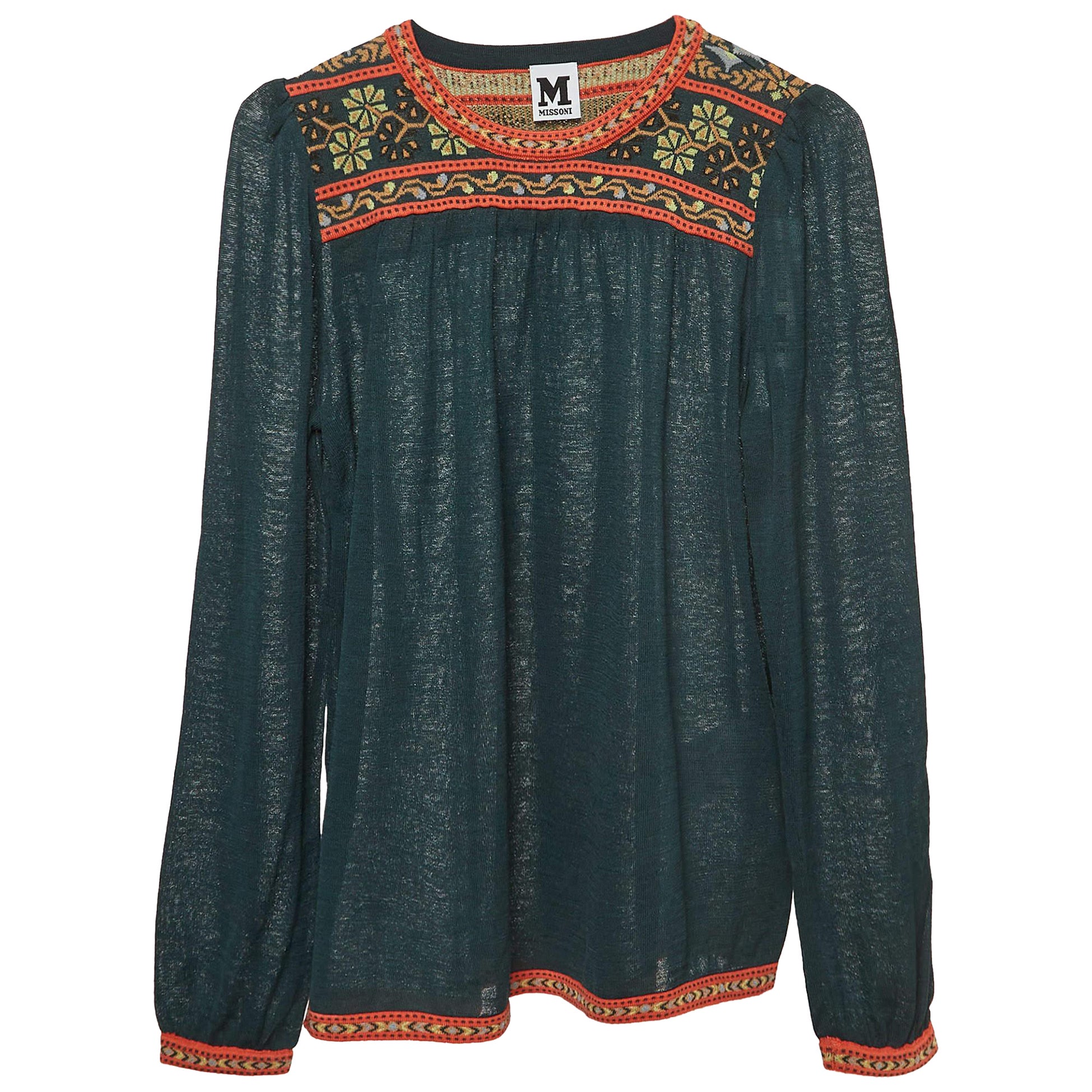 M Missoni Grünes gemustertes Stricktop mit Puffärmeln S