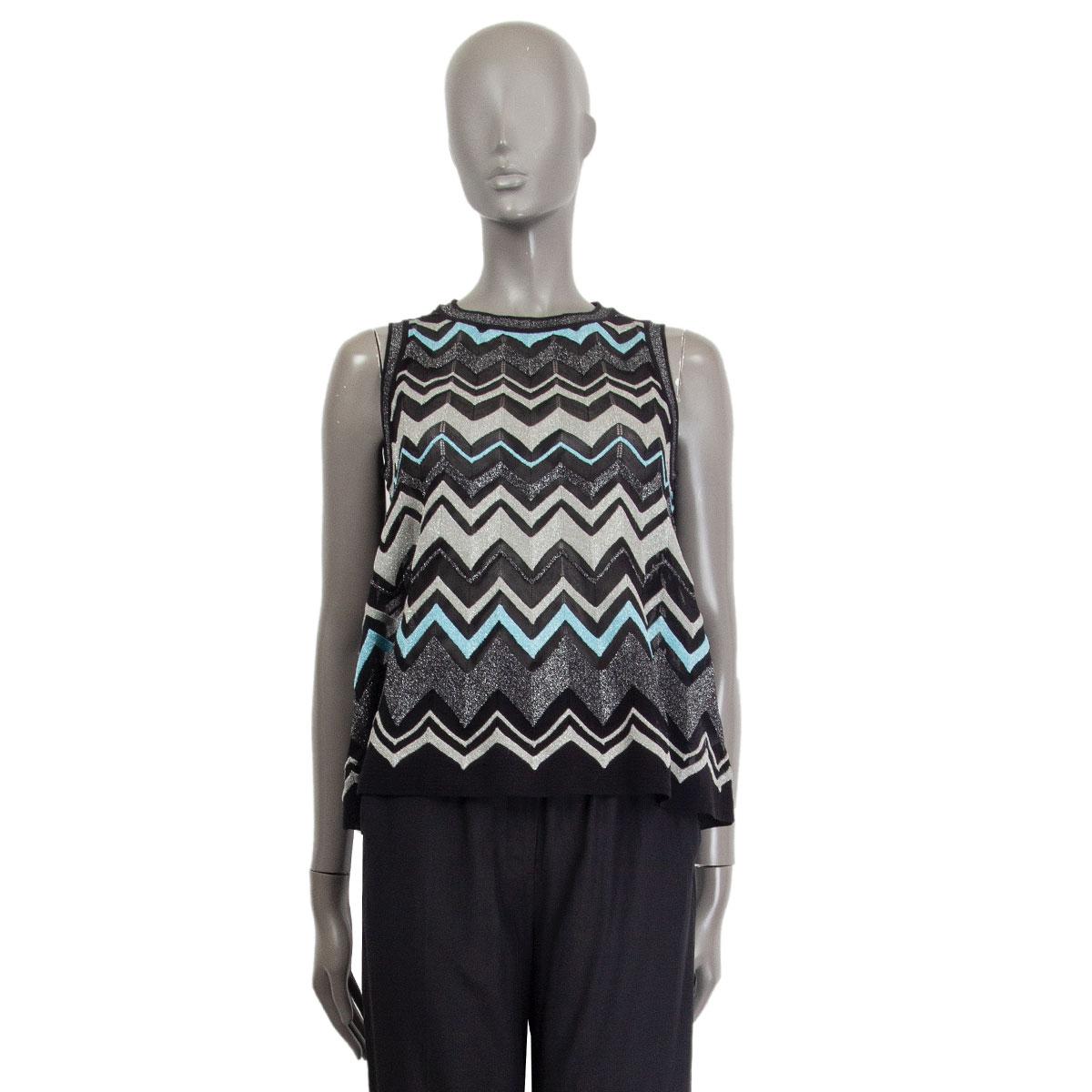 100% authentic M Missoni oversized sleeveless sheer knit top in black, grey lurex, silver lurex and light blue lurex polyamide (68%), cotton (20%) and metallised fibre (12%) classic Missoni zig-zag motif. Has been worn and is in excellent condition.