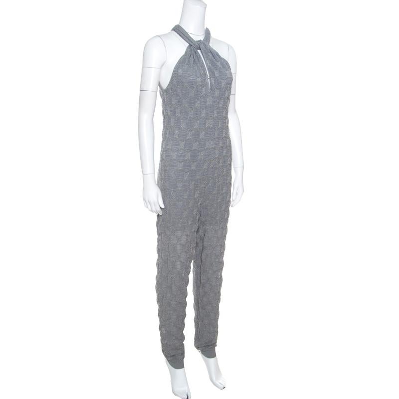 Gray M Missoni Grey Lurex Patterned Knit Twist Neck Strap Detail Jumpsuit S