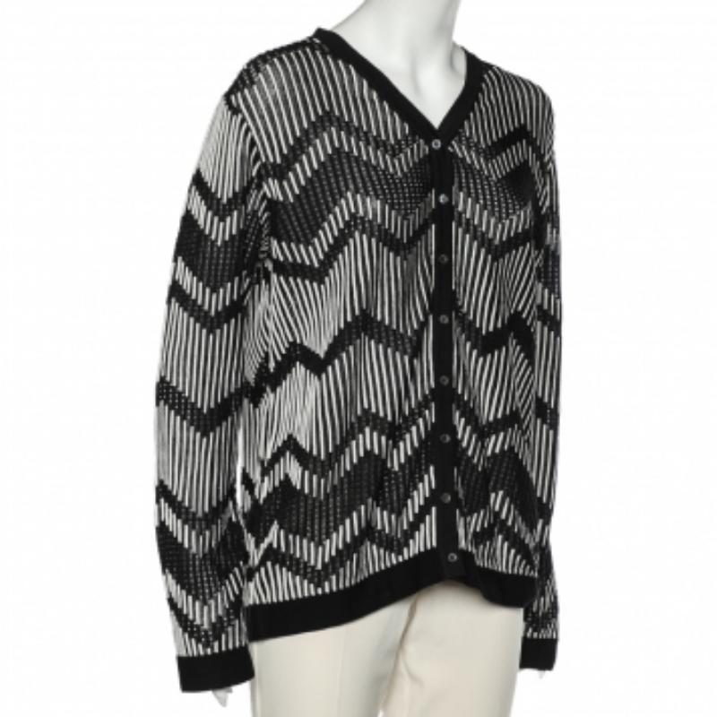 M Missoni Monochrome gemustert Perforierte Strickjacke mit Knopfleiste L (Schwarz) im Angebot