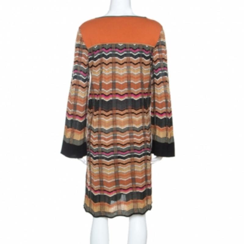 Marron M Missoni Multicolore Chevron Knit Wool Blend Dress L en vente