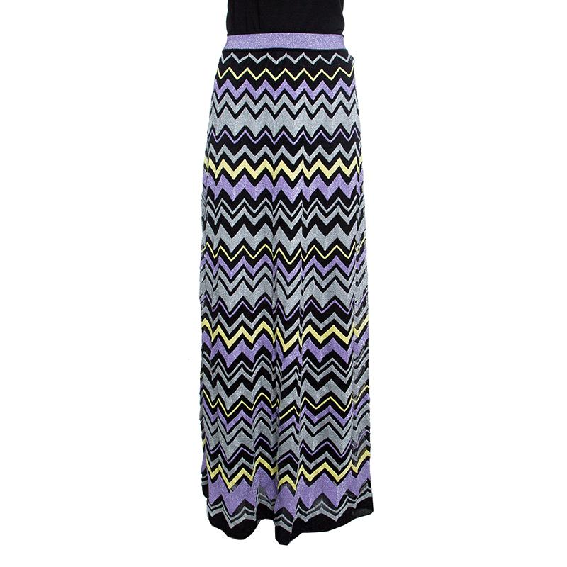 Black M Missoni Multicolor Chevron Pattern Lurex Knit Maxi Skirt M